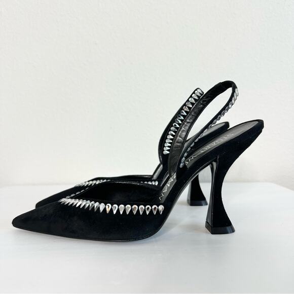 STUART WEITZMAN Gem Cut Crystal Embellished Black Suede Slingback Pumps Size 6.5 - Picture 6 of 8
